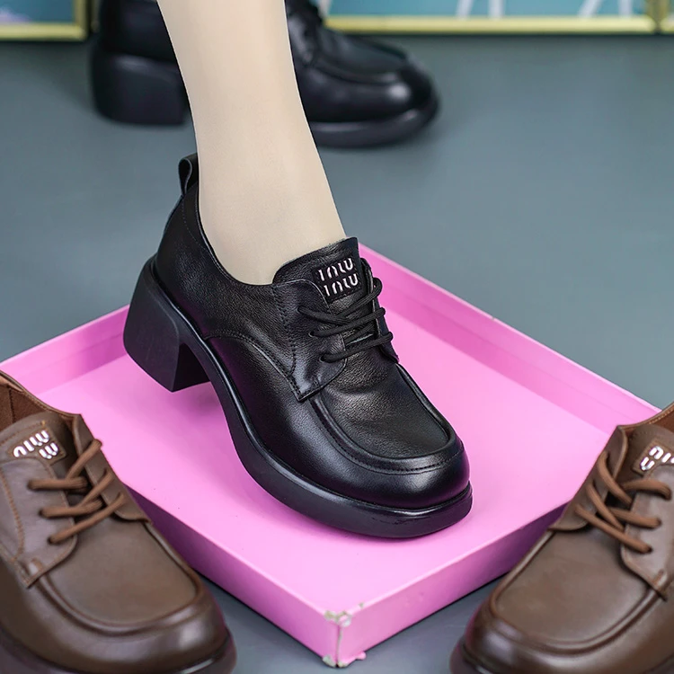 X5282真皮舒适简约小皮鞋头层牛皮圆头粗跟休闲百搭系带女鞋