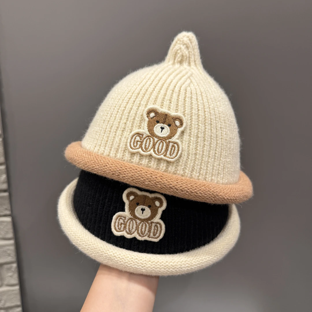 米迪昕~森系儿童小熊针织奶嘴帽男女宝宝毛线瓜皮帽秋冬套头帽韩