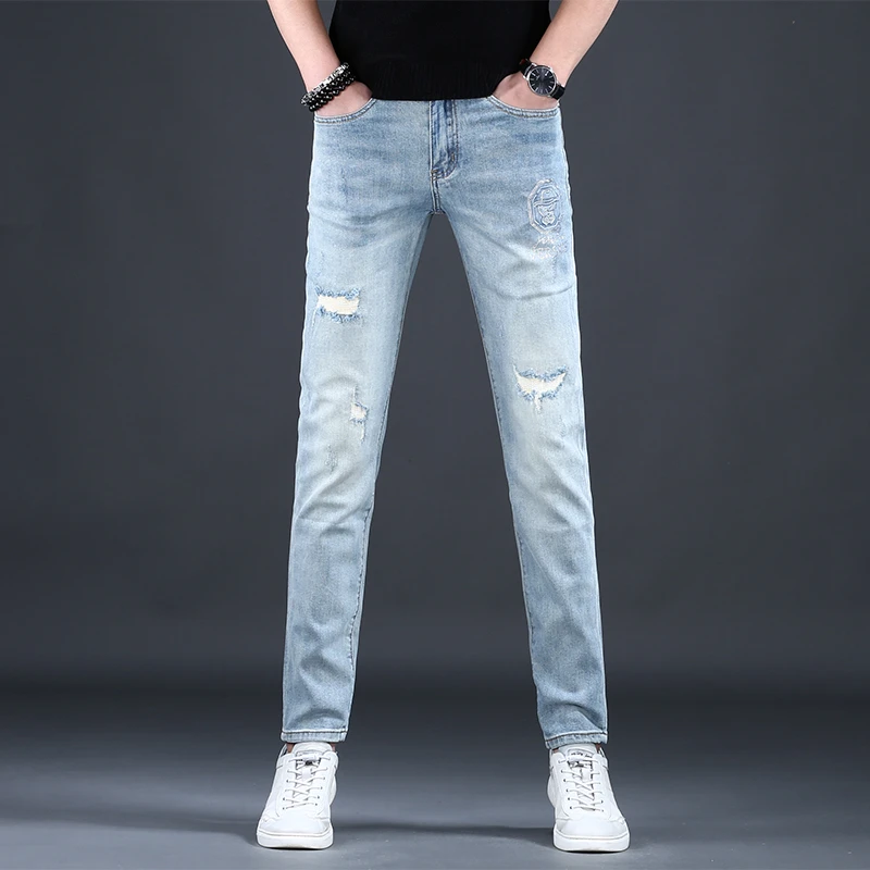 美式复古破洞夏季新款2025修身小脚长裤休闲百搭潮流男款牛仔裤