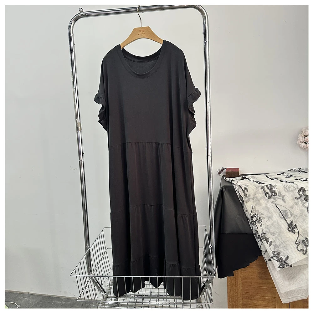 Q228夏季新款女士休闲宽松中长款圆领短袖连衣裙女