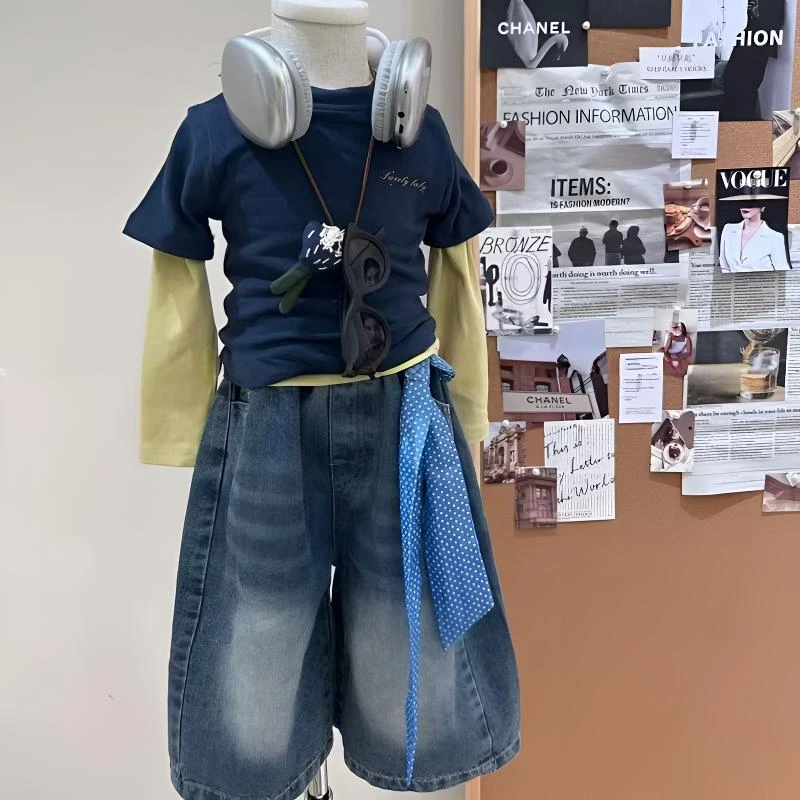 女童时尚套装2025秋季新款洋气儿童休闲百搭真两件上衣阔腿牛仔裤
