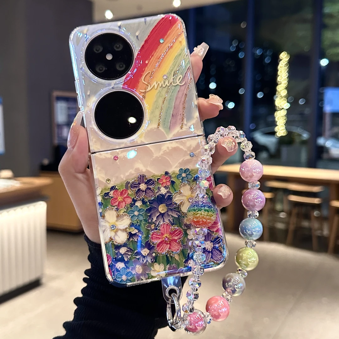 适用华为Pocket2折叠手机壳新蓝光点钻高级油画彩虹花海P50pocket