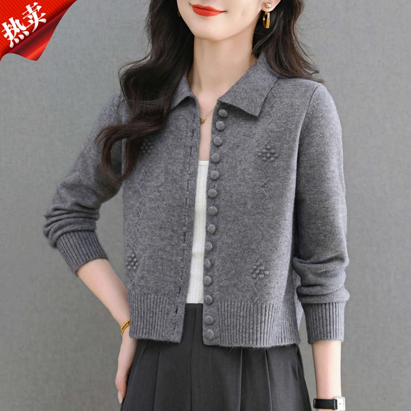 【原版正品】羊毛衫女翻领短款外套春秋新款时尚高腰小个子毛衣外套