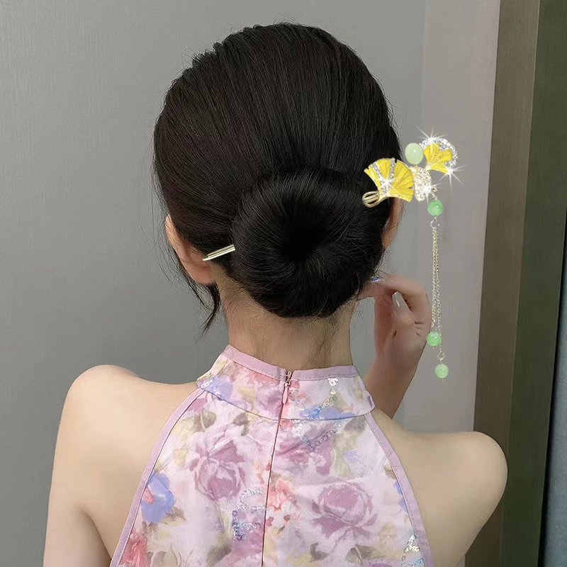 中国风流苏发簪轻奢银杏复古旗袍步摇汉服发钗高档古风简约发簪子