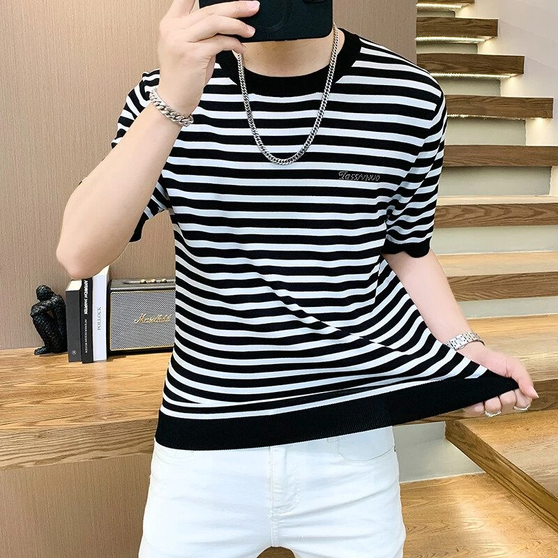 男士针织冰丝短袖男高品质轻奢潮流圆领夏季时尚条纹修身男针织衫