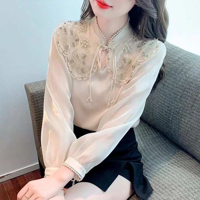 C12早秋季长袖雪纺衬衫女装春秋装新款重工钉珠上衣设计感小众