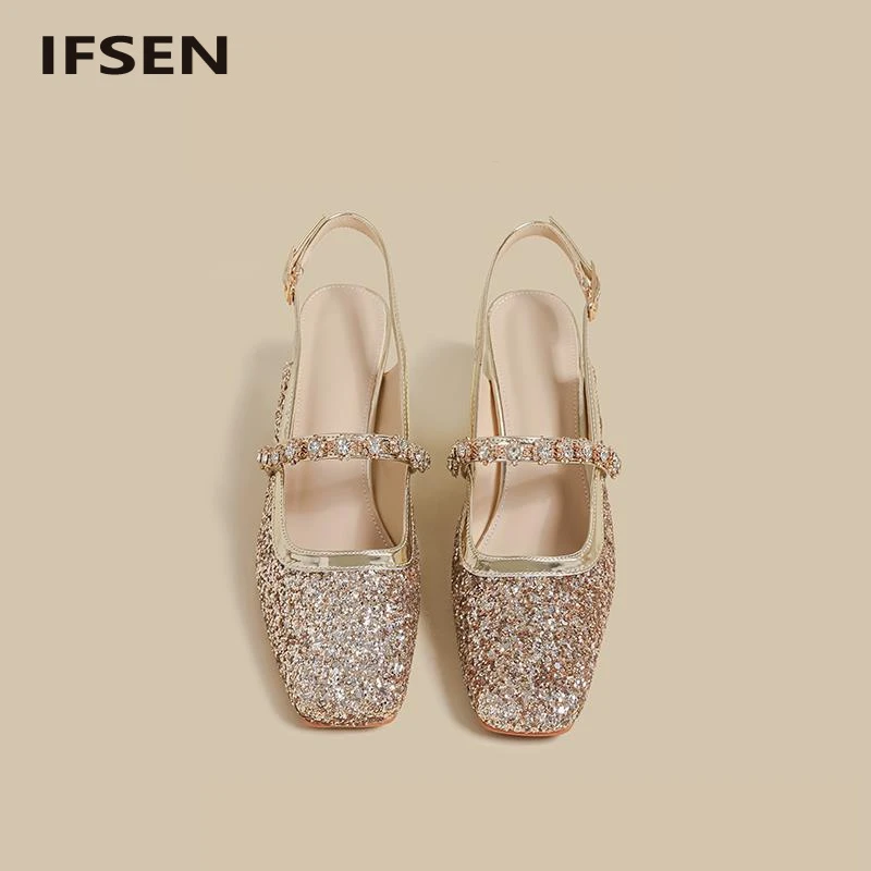 IFSEN法式浅口单鞋女夏季新款方头气质金色粗高跟包头半拖凉鞋