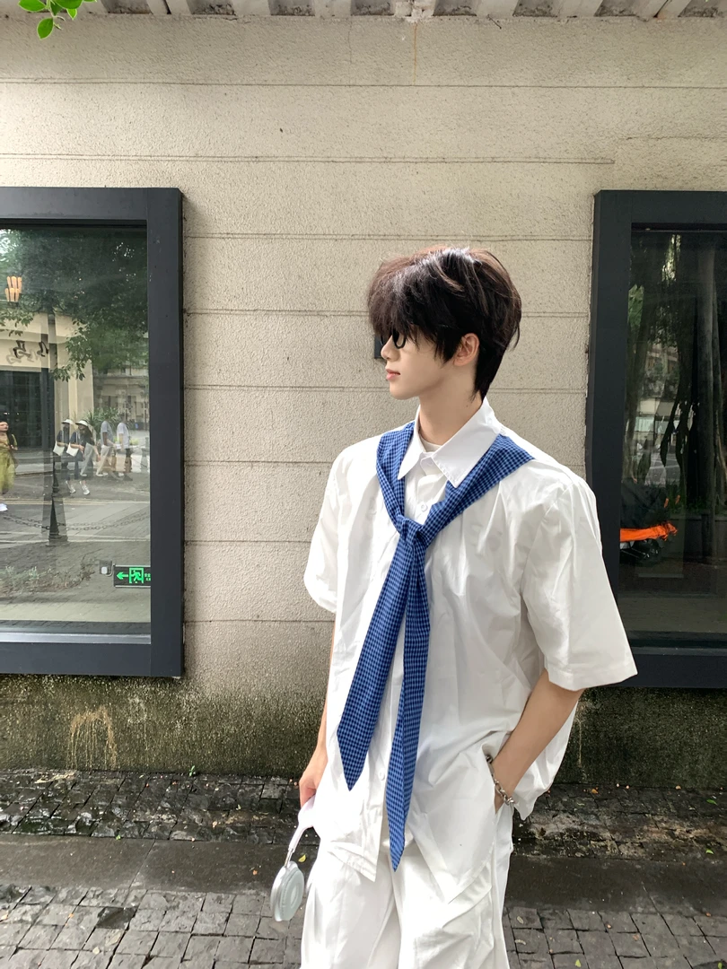 CoolboyBB 美式学院风格子拼接假两件披肩衬衫短袖廓形正肩夏季