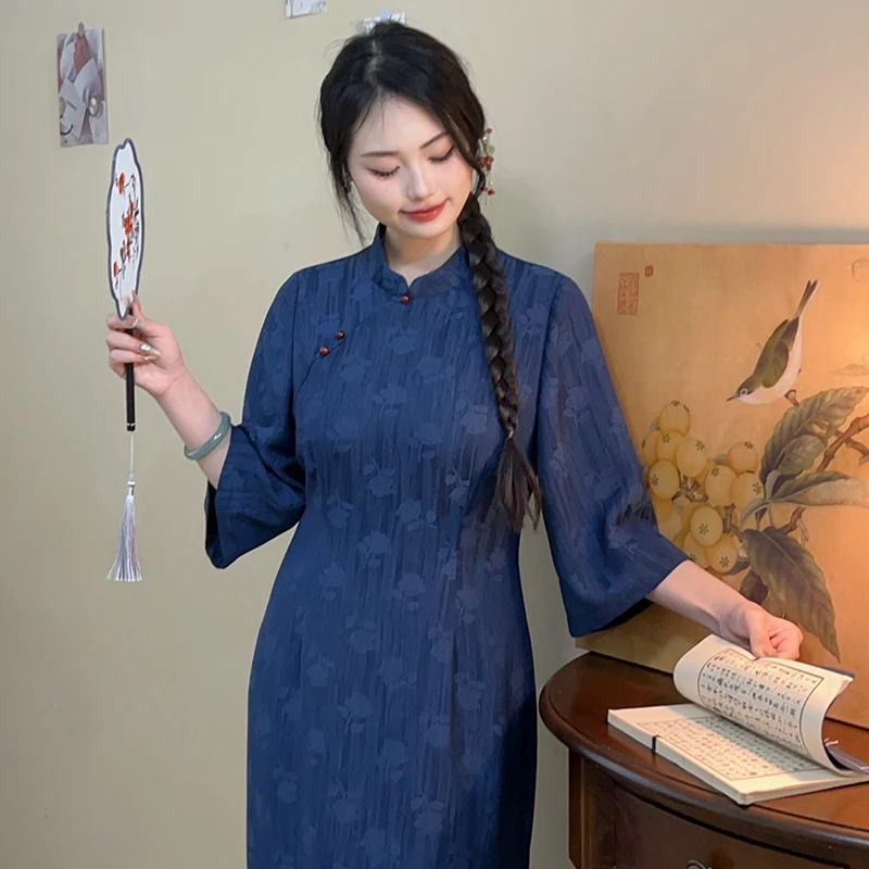 雅归【自制款】年轻蓝色民国风文艺倒大袖新中式改良女装旗袍大码