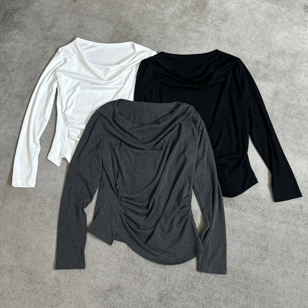 【米可家】早秋荡领显瘦打褶长袖上衣88929