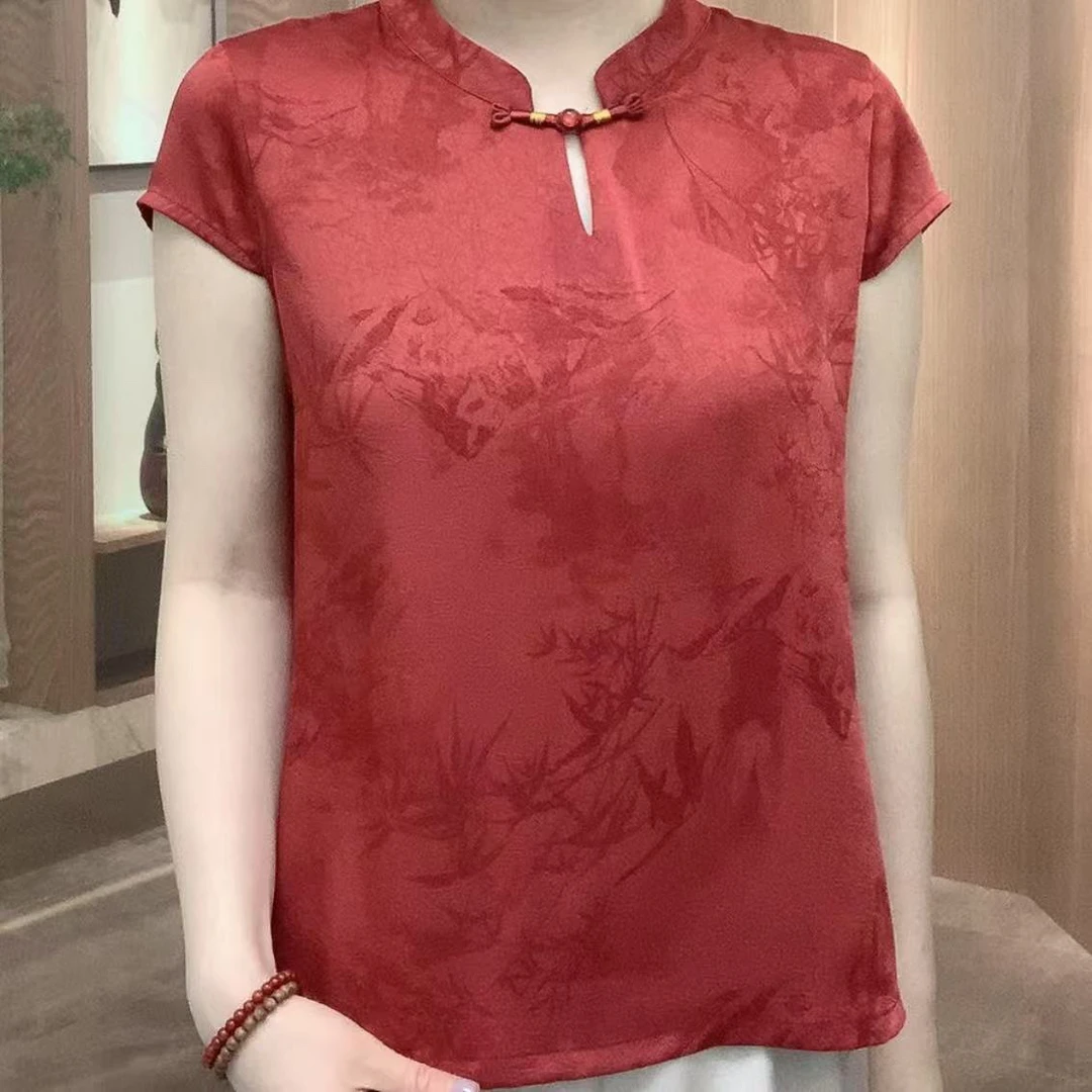 新中式国滴领夏季复古时尚百搭竹叶缎光上衣