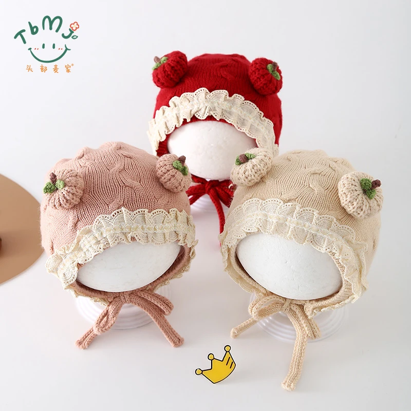 婴儿帽子秋冬季女宝宝洋气蕾丝花边针织毛线帽保暖小月龄防风护耳