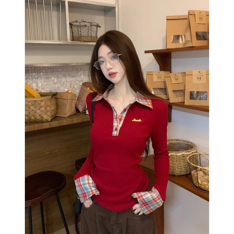 设计感拼接格子Polo领长袖T恤秋冬新款美式辣妹修身显瘦内搭上衣
