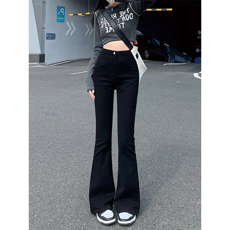黑色微喇牛仔裤女春秋2025高腰显瘦弹力拖地裤喇叭裤小个子马蹄裤