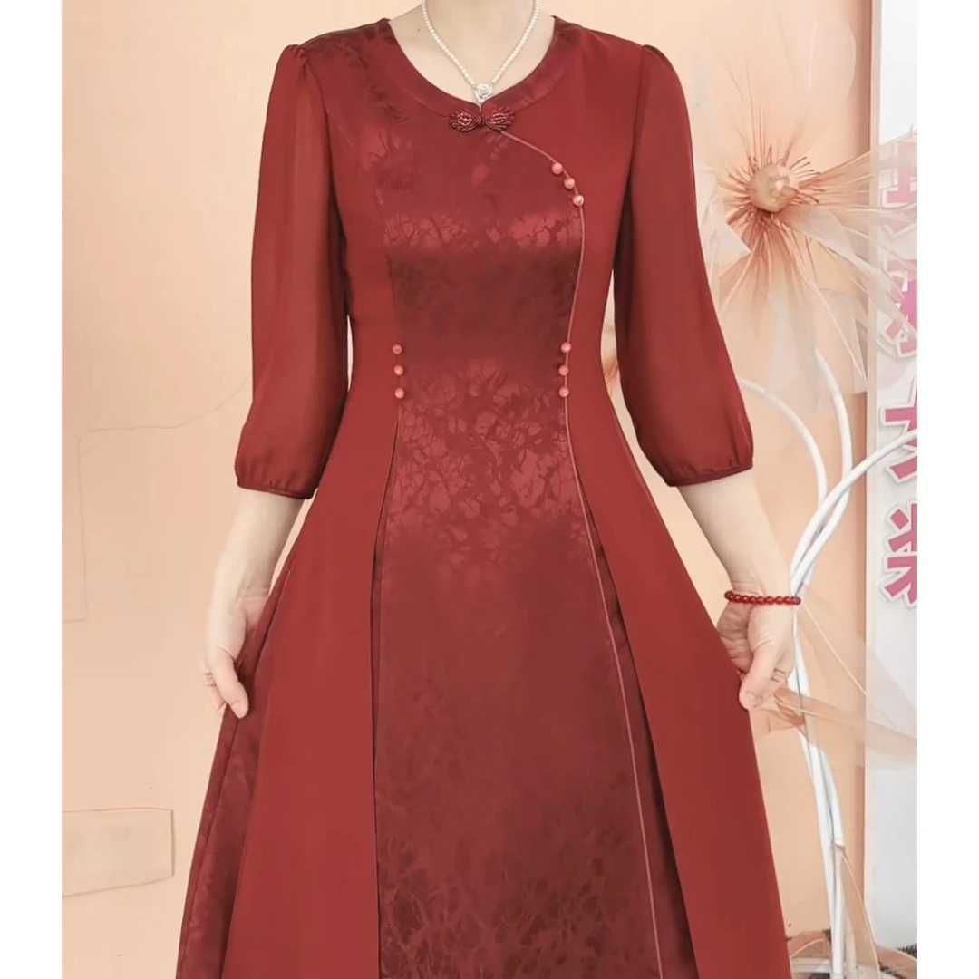 新中式国风连衣裙女2025夏季新款妈妈装气质显瘦高级感七分袖裙子