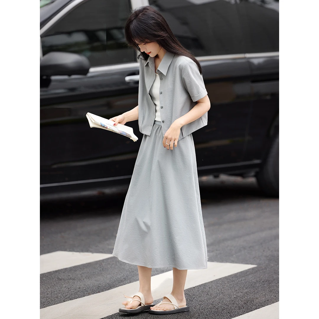 沫晗依美休闲韩系翻领下摆打褶短袖衬衫半裙套装2025夏季新款4040