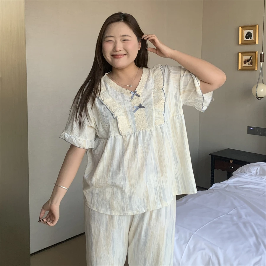 夏季短袖长裤云朵棉大码胖MM简约甜美梦幻条ins风薄款睡衣