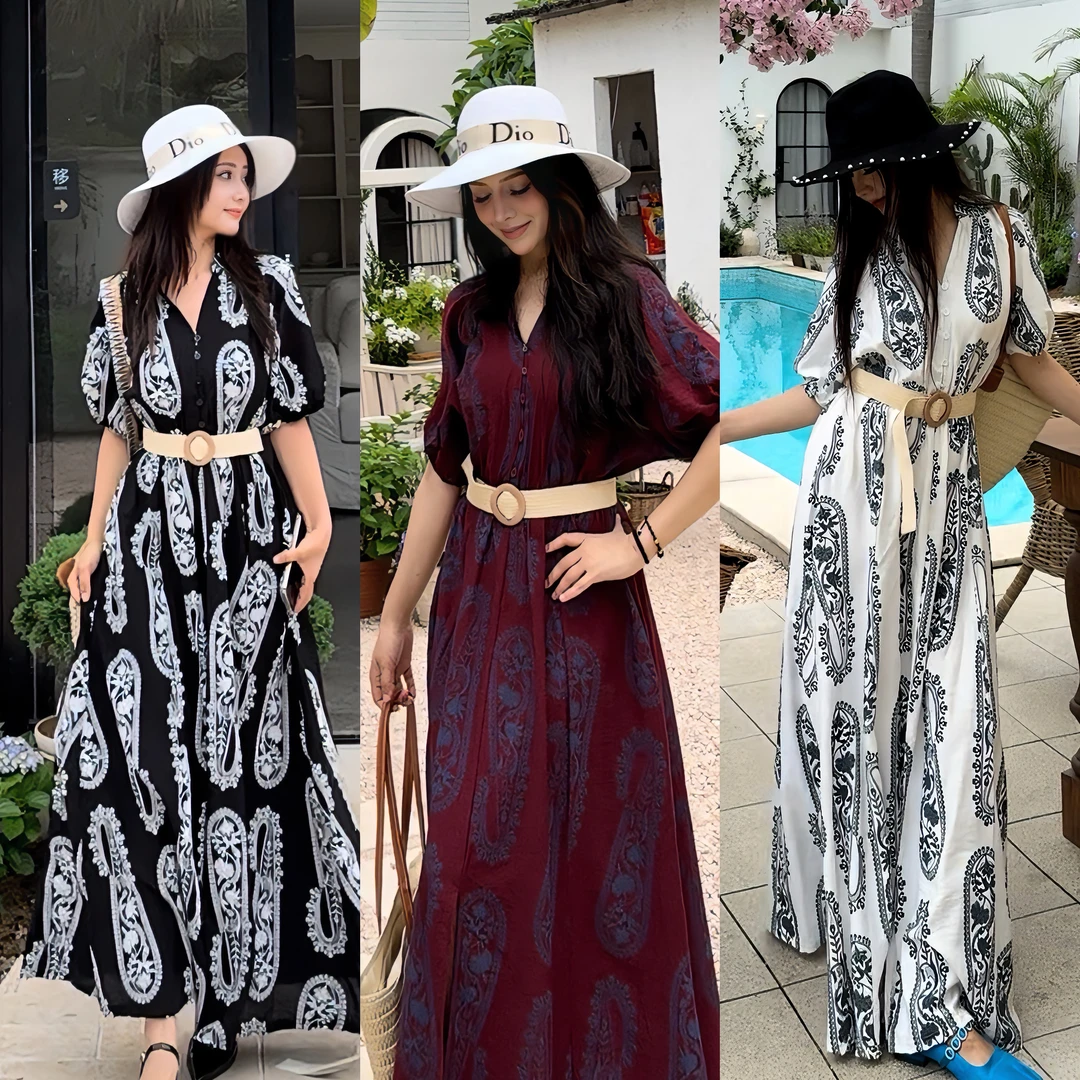 新疆包邮新款夏季民族风巴旦木印花连衣裙2056