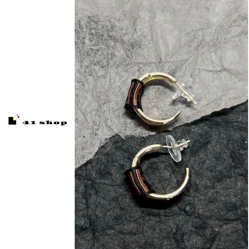 铜合金布艺戒指 A406 F棕色布标金色耳环C圈百搭复古小众儿环