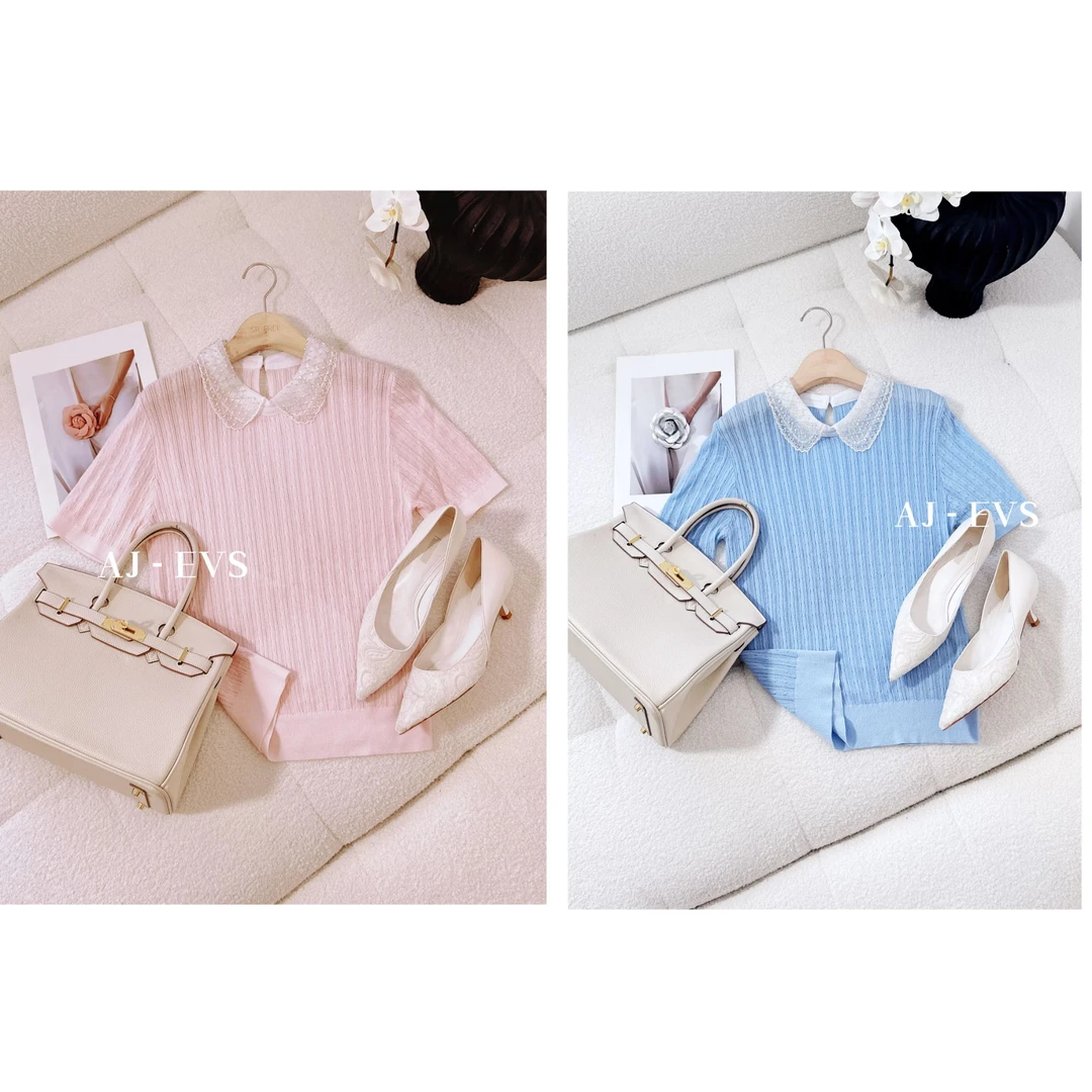 AJ-EVS【少女时代·手工钉珠苹果领减龄气质夏款针织衫短袖上衣】