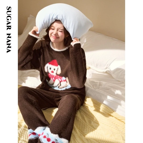 Sugar NaNa 秋冬女款圣诞小狗加绒休闲家居服半边绒套装