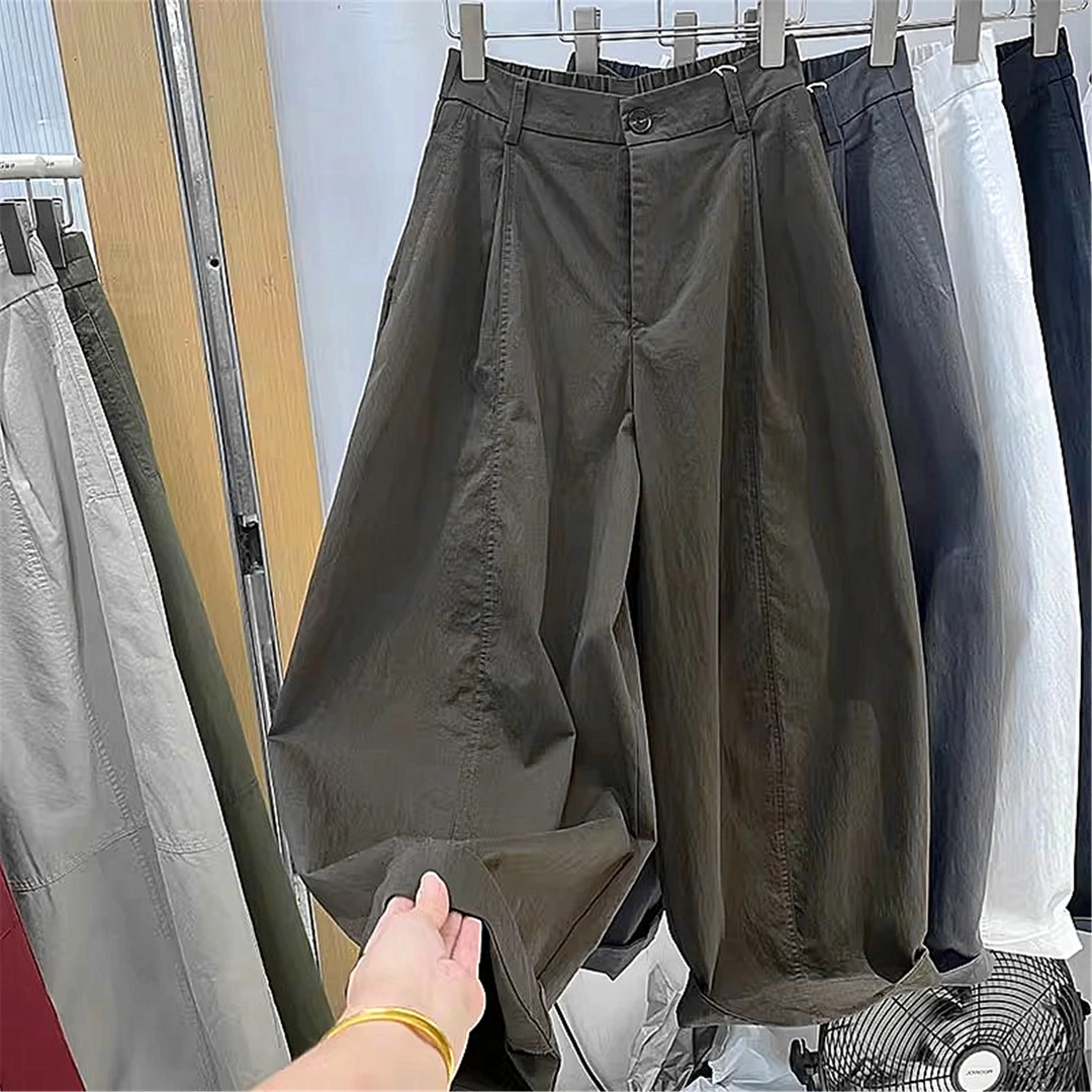 韩系2025早秋新款高腰简约一粒扣阔腿慵懒休闲裤倒三角口袋长裤子