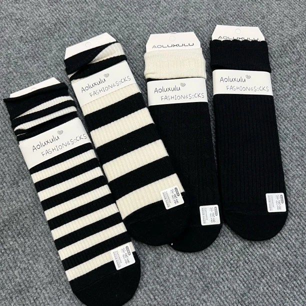 女平板保暖条纹堆堆袜四双装五双装