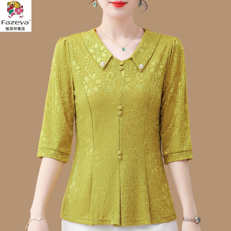 恒源祥彩羊中年妈妈夏装七分袖雪纺上衣2025新款中老年女装夏季洋