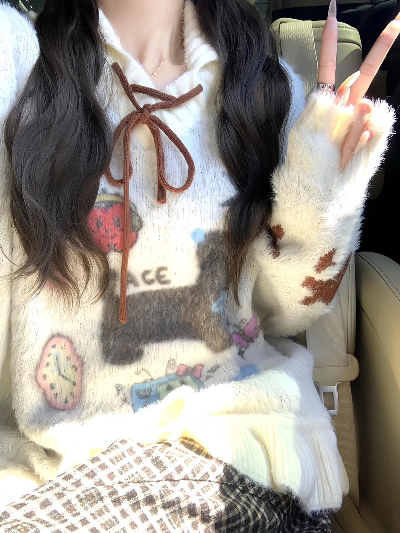 美式复古慵懒风卡通趣味印花长袖毛衣女秋季新款宽松绑带针织衫潮