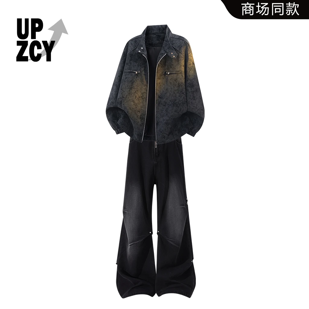 UPZCY美式复古潮流夹克套装男秋冬宽松休闲痞帅牛仔裤两件套男装