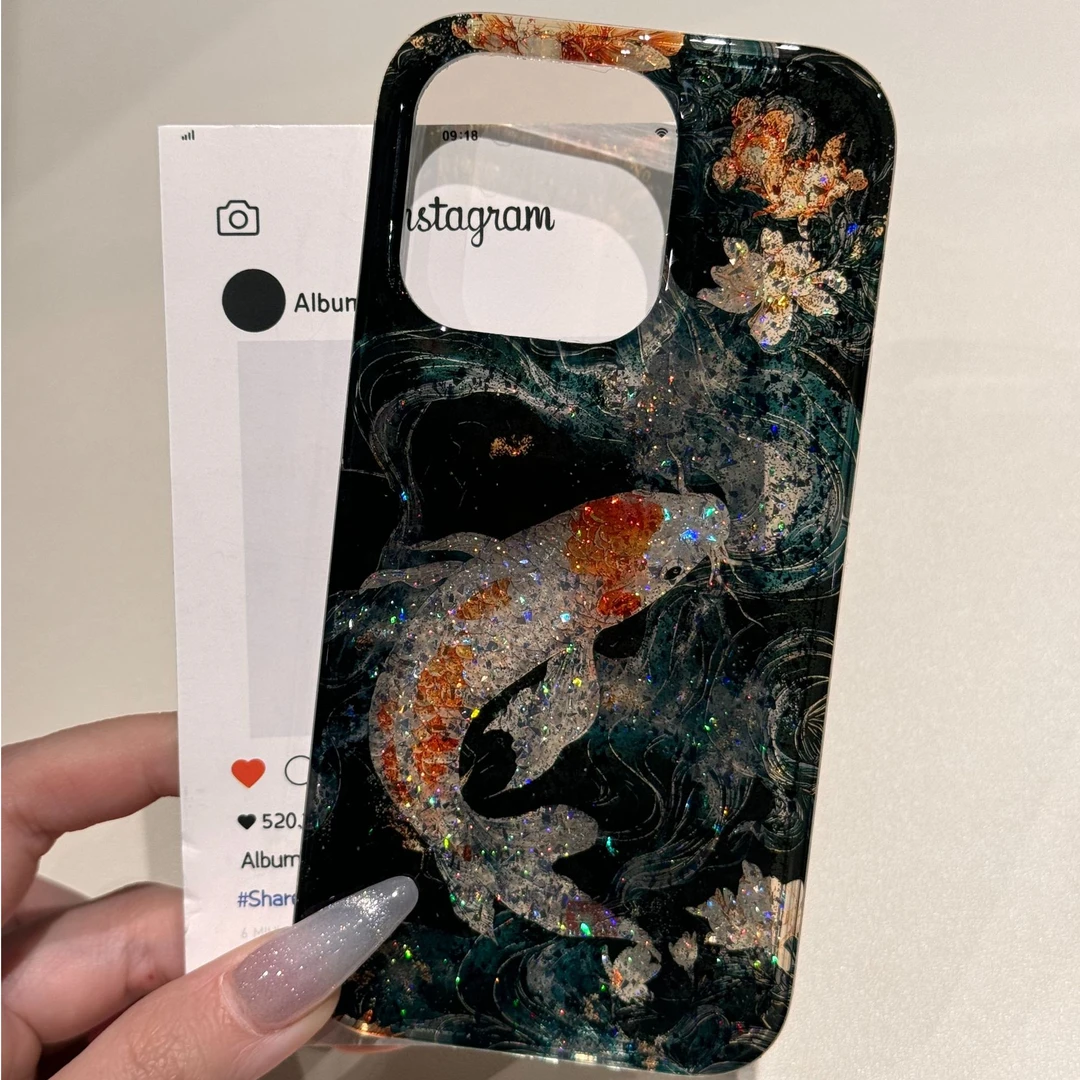 国风闪粉荷花锦鲤适用苹果16promax手机壳iPhone15新款14/13双层