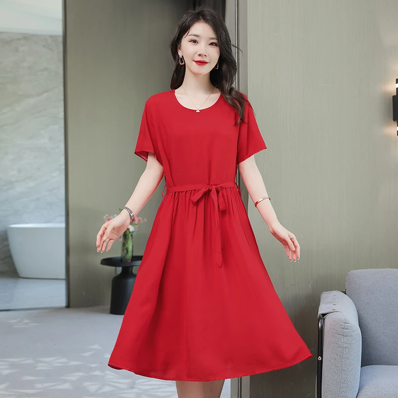 宽松显瘦纯色黑色收腰遮肚过膝中长款夏装大码潮流连衣裙