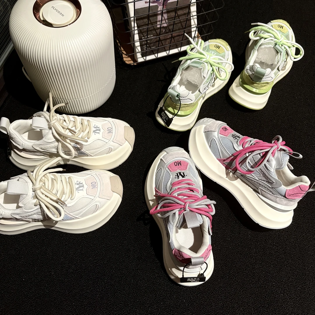 韩国单~踩屎感厚底真皮网布老爹鞋女2025夏新款运动鞋ins休闲鞋女