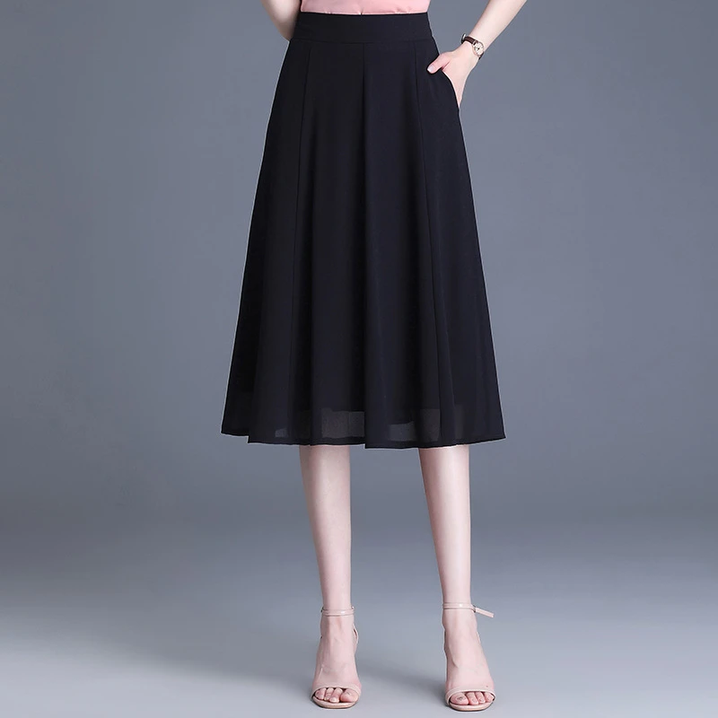 垂感高腰修身显瘦气质中长款时尚雪纺半身裙通勤纯色拼接厚款A字