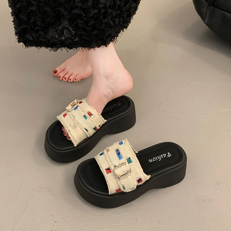 绝美厚底增高凉拖鞋女夏季外穿高级感2025新款法式配裙子坡跟拖鞋