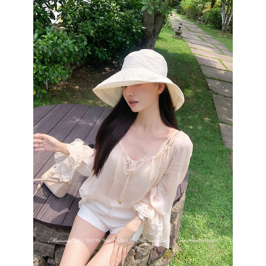 Mummy Cat 下蛋喵【苏珊日记】25新品人丝抽绳蕾丝防晒罩衫衬衣