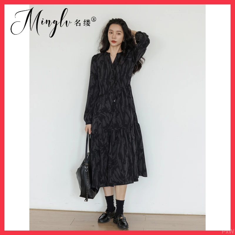 工作服春秋女式长袖连衣裙修身a字v领印花艺术复古长裙2025年优雅