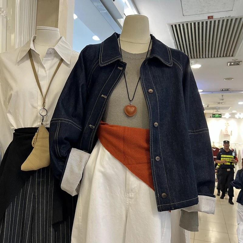 日系水洗翻领牛仔短外套早秋新款宽松A字斗篷廓形长袖休闲上衣女