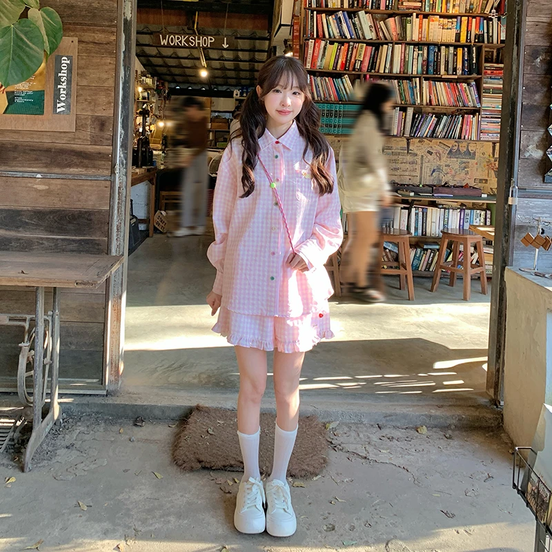 东京岁时记jk彩虹小狗女装套装学院风粉色衬衫短裙出游穿搭套装女