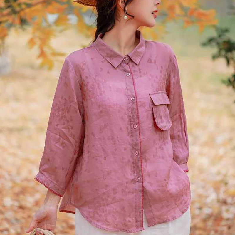 （撞色印花苎麻小衫）8692早春新款气质复古百搭舒适上衣D