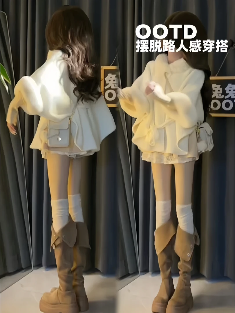 韩版气质立领高档大毛领披肩斗篷女针织开衫裙+蕾丝打底裙三件套