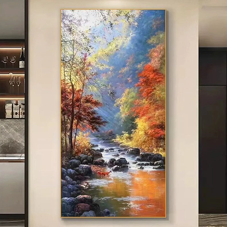 流水生财大芬村山水风景装饰画入户玄关大气艺术客厅挂画