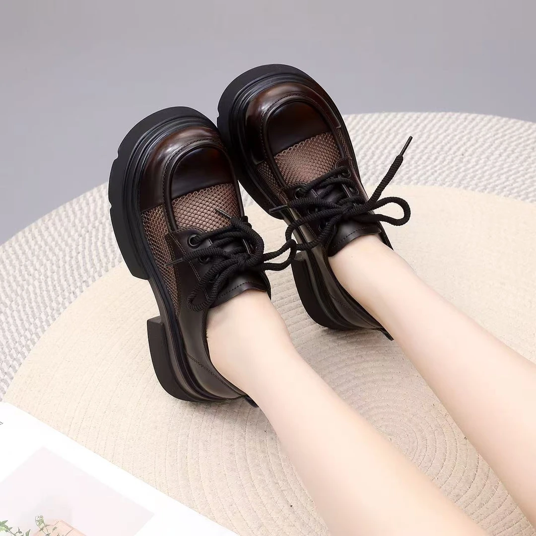 2025年春季新款欧货英伦风真皮厚底系带小皮鞋女夏季网纱乐福鞋女