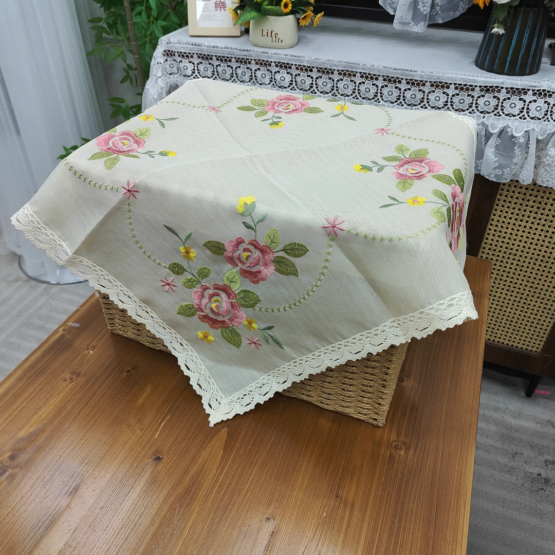【2522款60*60】竹节麻沙盖布法式田园蕾丝防尘餐桌盖布茶几台布ins