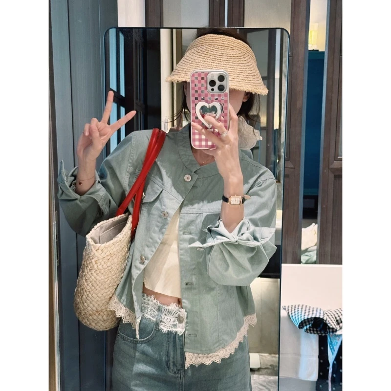 【蕾丝拼接牛仔】韩系春款设计感百搭牛仔外套-WT2025129