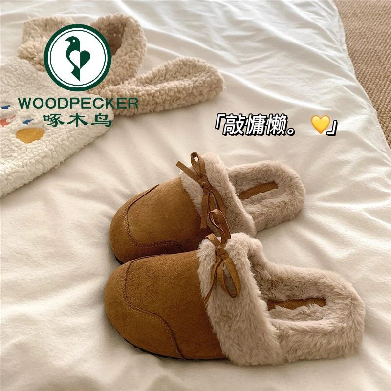 啄木鸟蝴蝶结法式晚晚风慵懒加绒勃肯鞋女外穿保暖加绒毛毛棉拖鞋