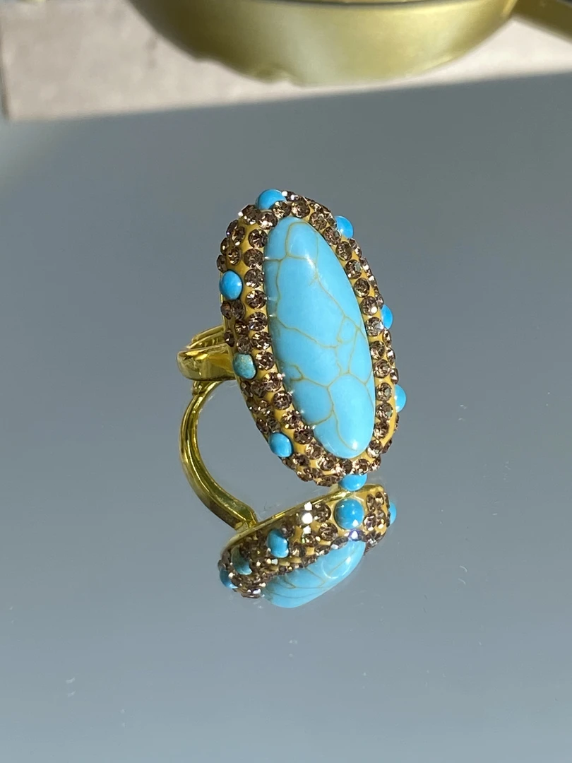 铜合金合成锆石戒指 TTSD 蓝色长条时尚潮流百搭款戒指 8119