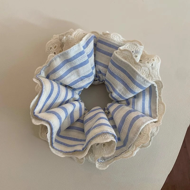 蓝色条纹蕾丝双层大肠发圈女慵懒风丸子头皮筋低马尾发绳头绳发饰