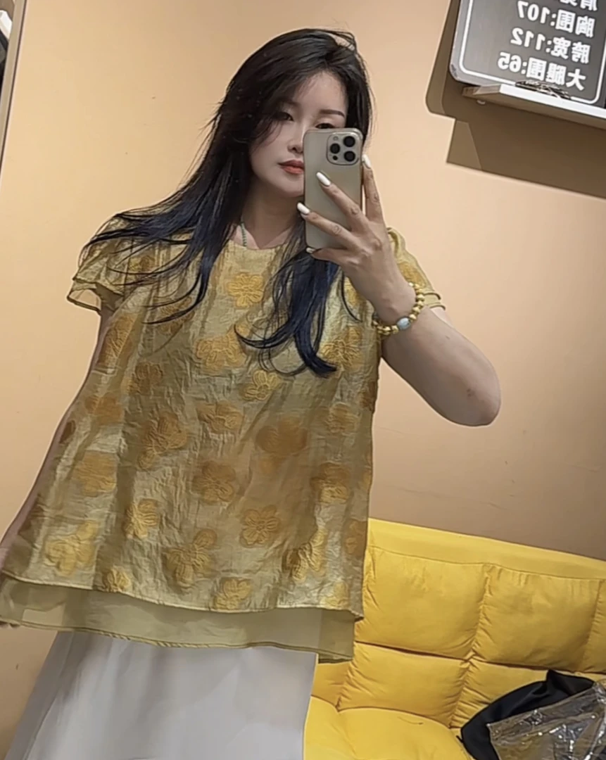 小妖精大码女装花朵小衫宽松圆领