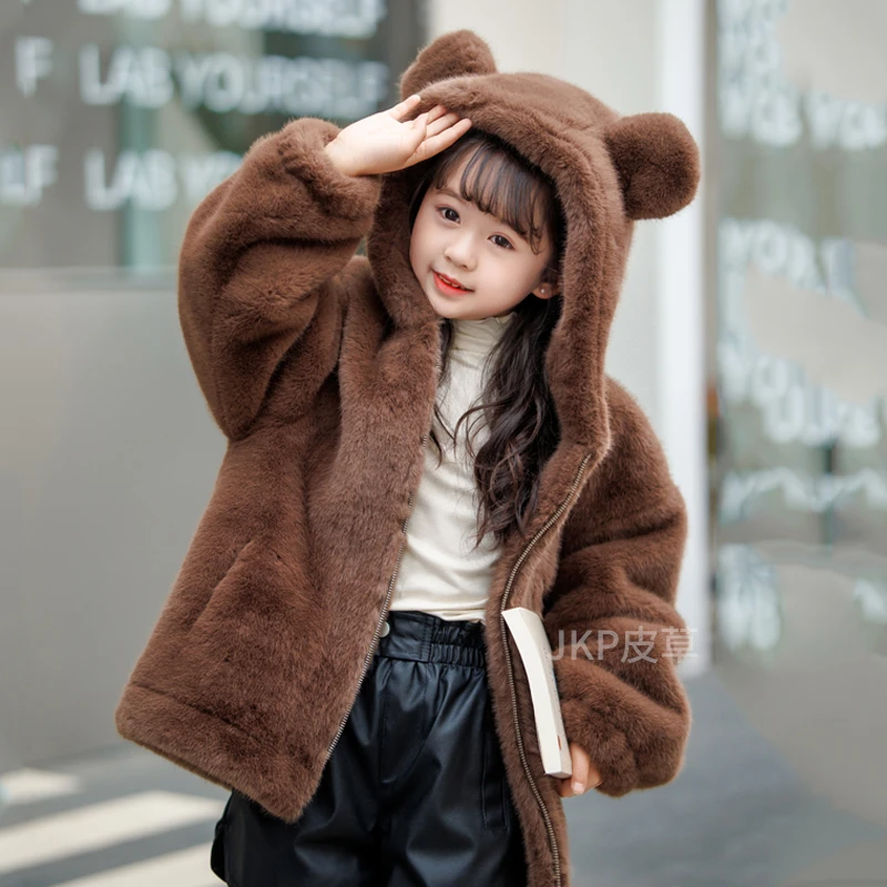 儿童毛毛外套棉衣冬季加厚小熊耳朵男女童宝宝连帽大衣中长款童装